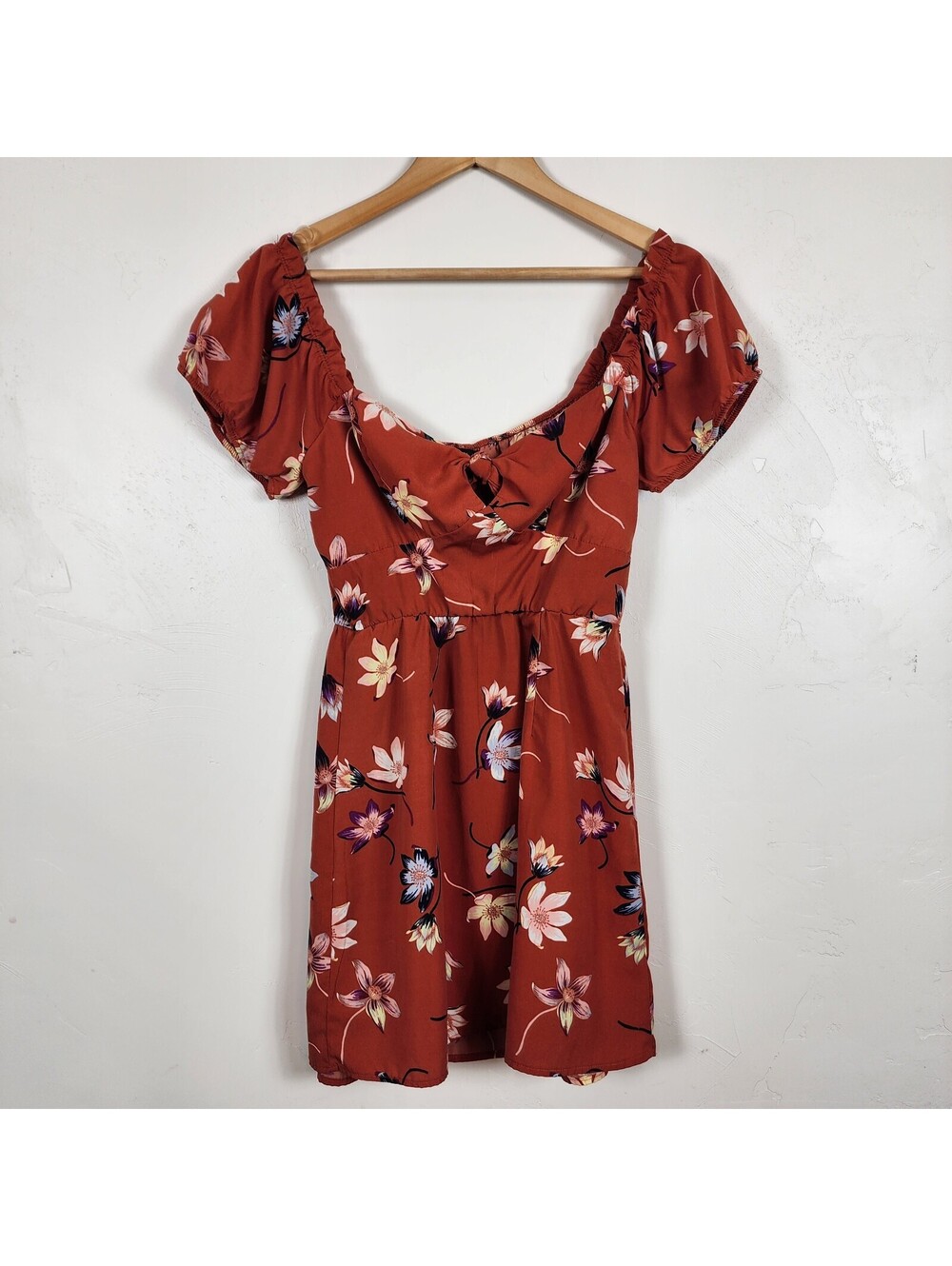 Trixxi Rust Floral Off Shoulder Dress Terracotta Orange Mini Elastic Waist Small